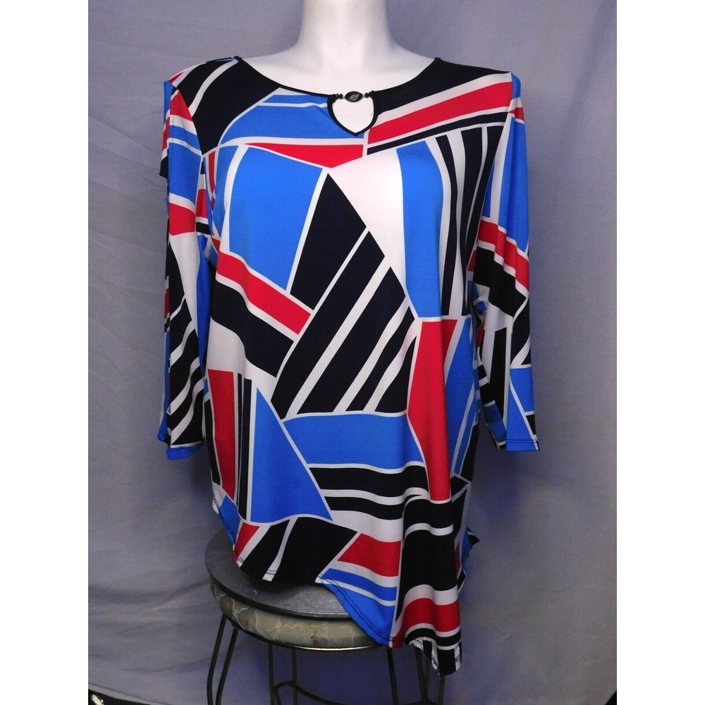 ALFRED DUNNER Top Women's Size Large Red White Blue Black Round Neck 3/4 Sleeve
